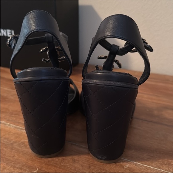 CHANEL Lambskin Leather T-Strap Wedge CC Sandals - Picture 11 of 15